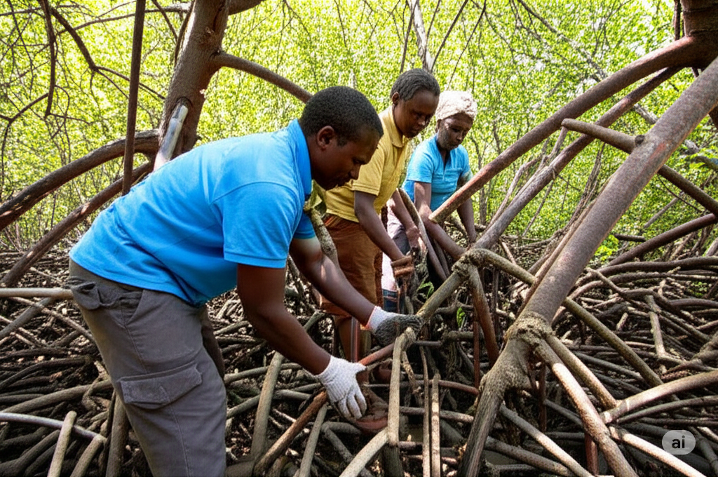 People measuring biomass carbon in a healthy mangrove forest in Mozambique
